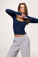 Sporty Rib Portrait Long Sleeve Top | Navy