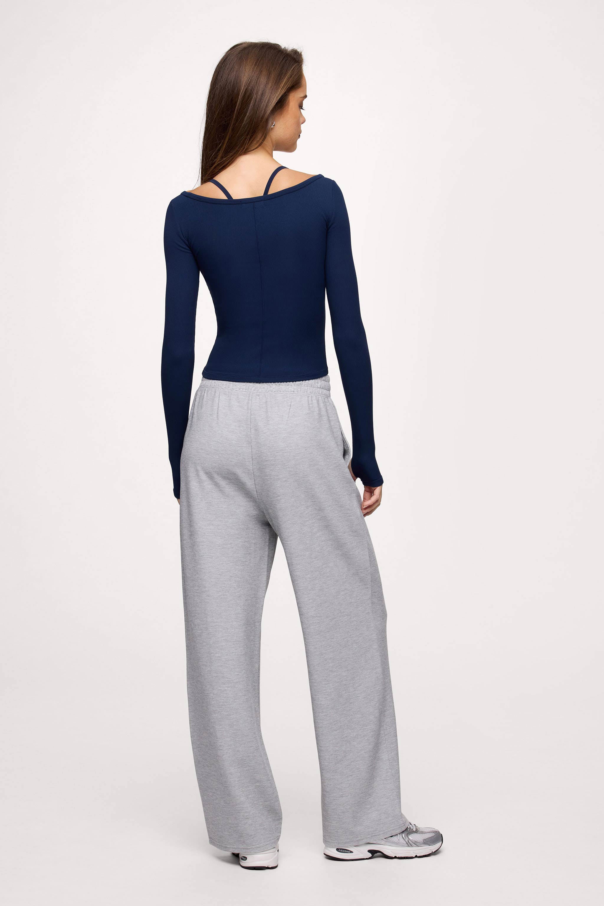 Sporty Rib Portrait Long Sleeve Top | Navy