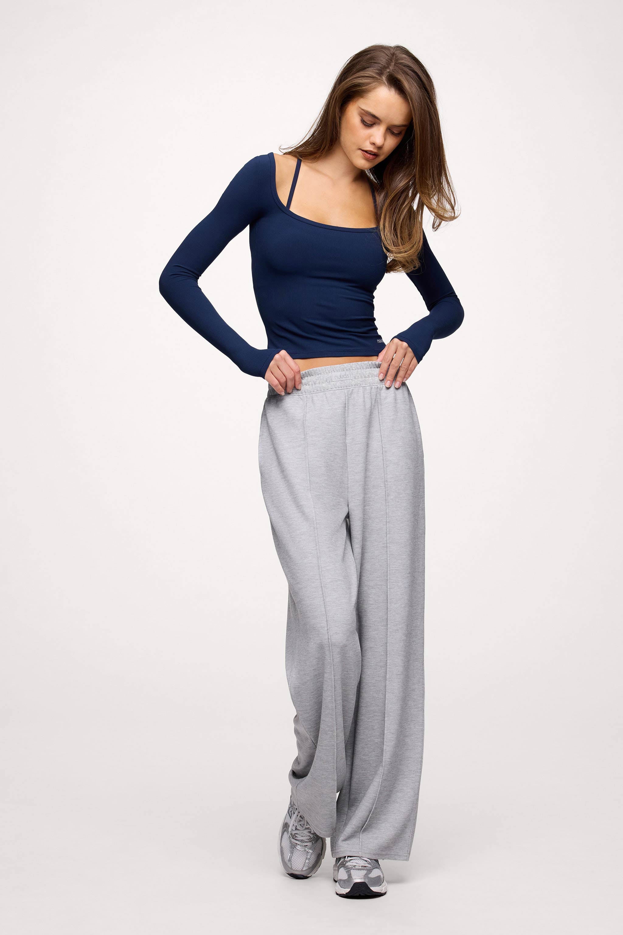 Sporty Rib Portrait Long Sleeve Top | Navy